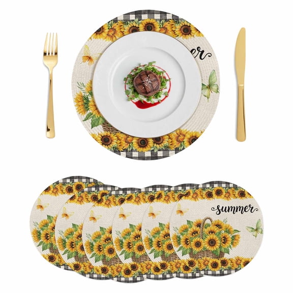 Sunflowers Round 15 Inch Placemats Set of 6, Farmhouse Retro Flowers Butterfly Checkered HeatResistant Non Slip Place Mats for Dining Table, Wipeable Braided Kitchen Table Mats for Housewarming
