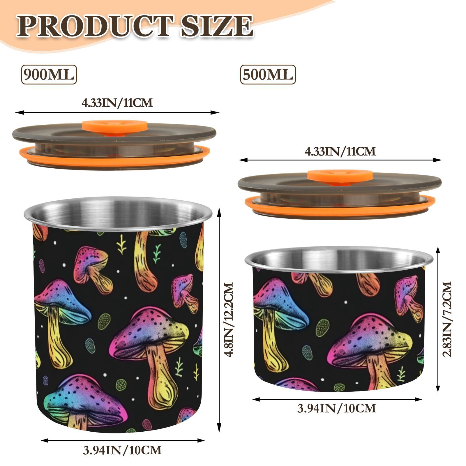 Rainbow Mushroom Airtight Coffee Bean Canister 30oz Food Storage Containers with Lids For Gournd, Tea, Sugar, Flour, Rice, Cereal, Candy Cookie Jar