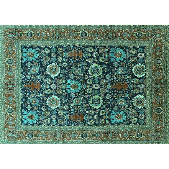 Ahgly Company Machine Washable Indoor Rectangle Oriental Turquoise Blue Industrial Area Rugs, 8' x 12'
