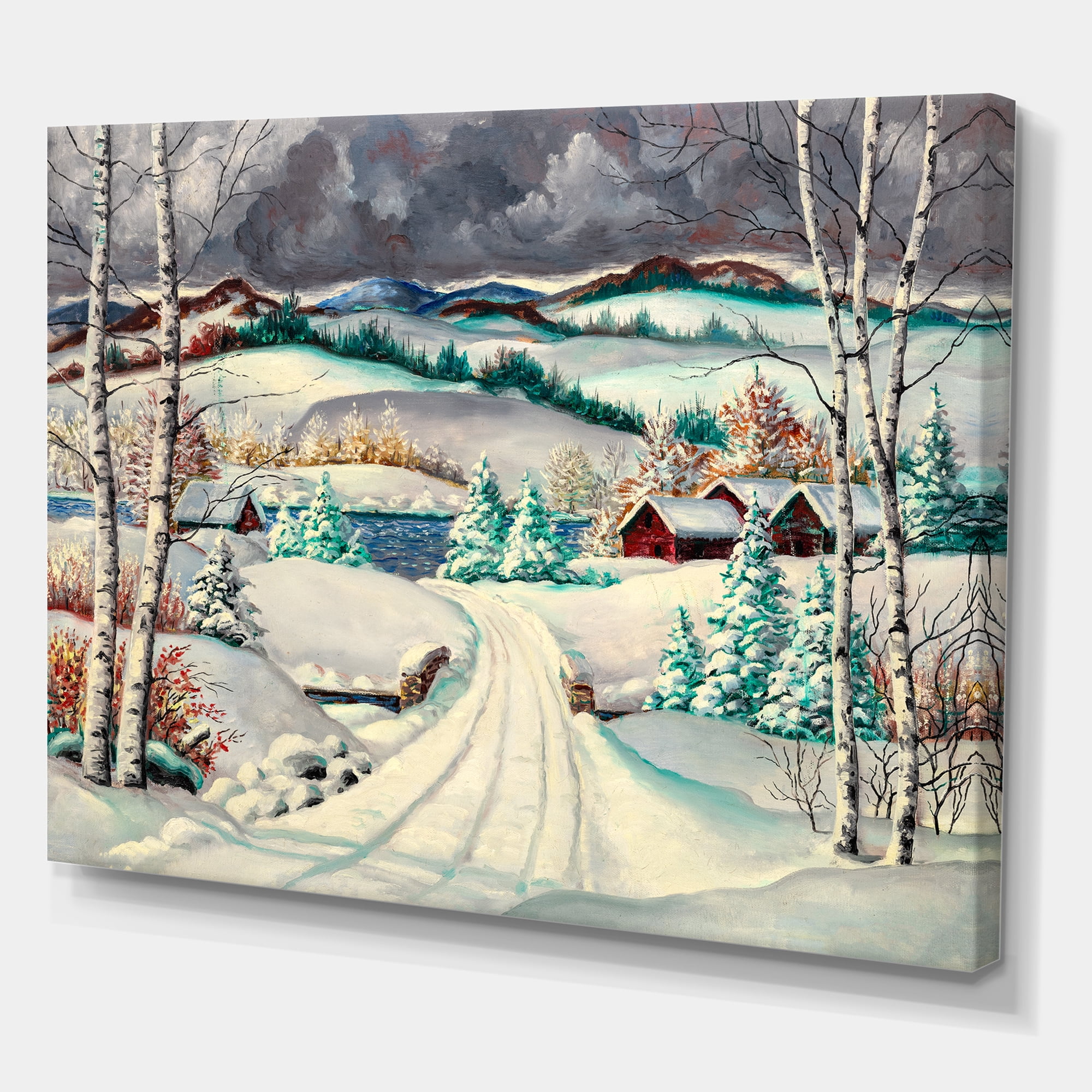 Designart ' Snowy Road In Countryside Winter Landscape ' Traditional Canvas Wall Art Print