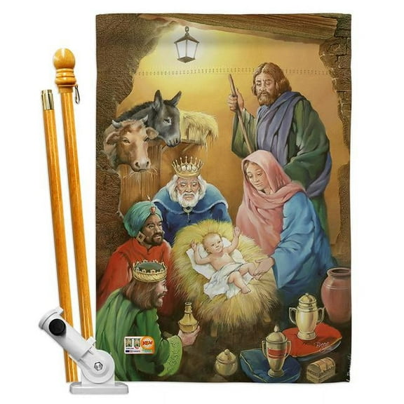 Breeze Decor BD-NT-HS-114103-IP-BO-D-US13-AL 28 x 40 in. Wise Men Winter Nativity Impressions Decorative Vertical Double Sided House Flag Set & Pole Bracket Hardware