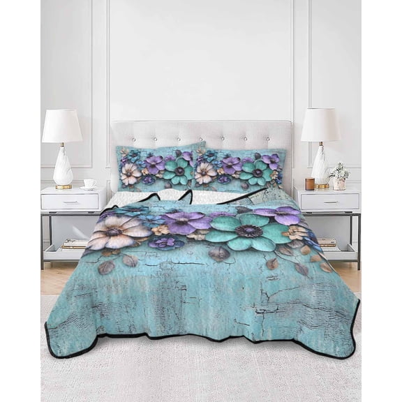 Quilts King Size, Spring Purple Flowers Soft Comforter Bedding Set for Bed, Floral Mottled Teal Wall Retro Lightweight Quilted Bedspread with Pillow Cover(2 Pieces) for All Season, 96x106 Inch