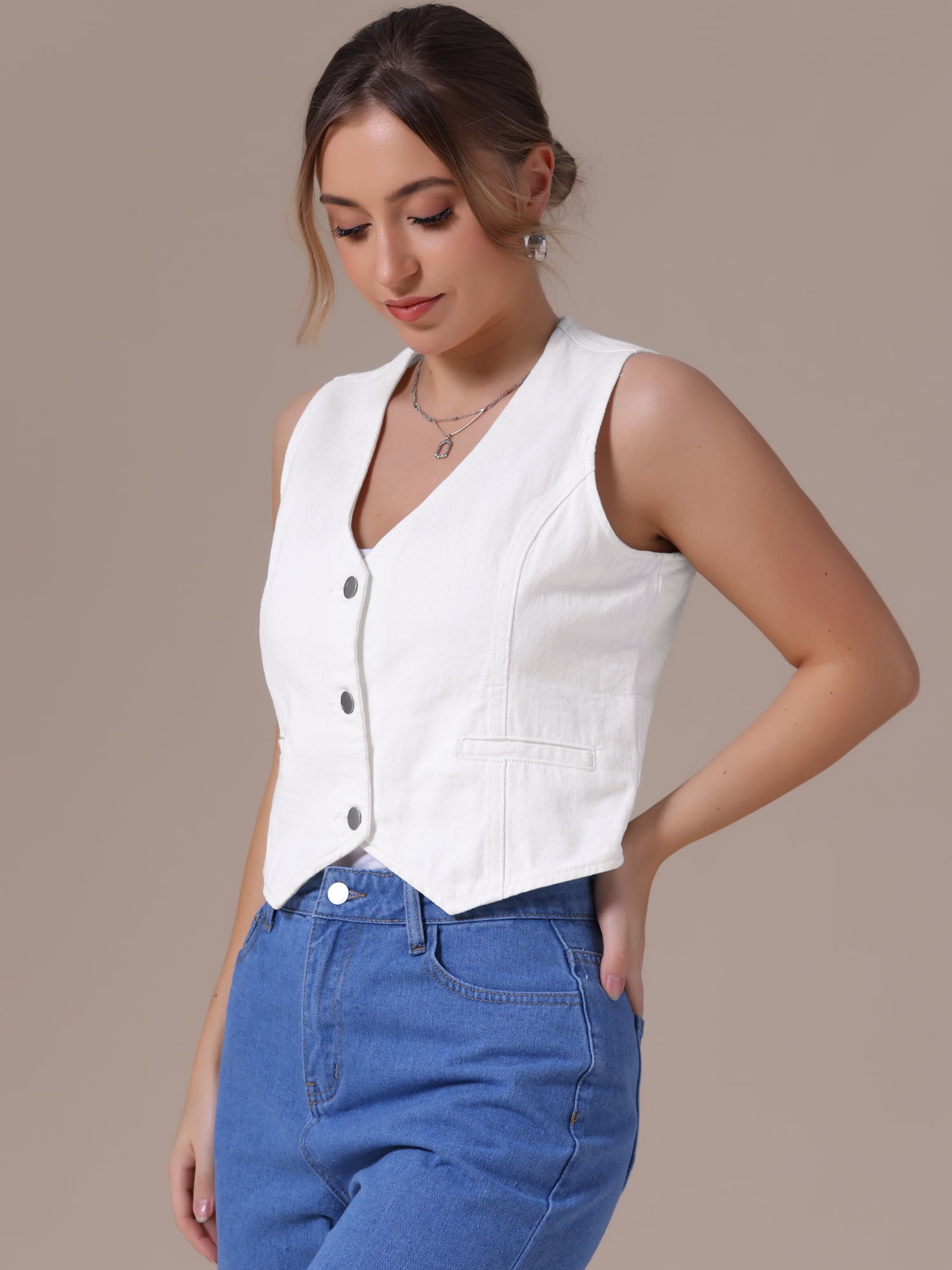 DARING DIVA Women's V Neck Waistcoat Top Casual Jean Vests M White