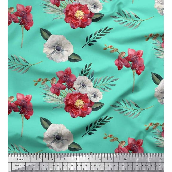 Soimoi Green Cotton Duck Fabric Leaves,Anemone & Peach Floral Print Fabric by The Yard 42 Inch Wide