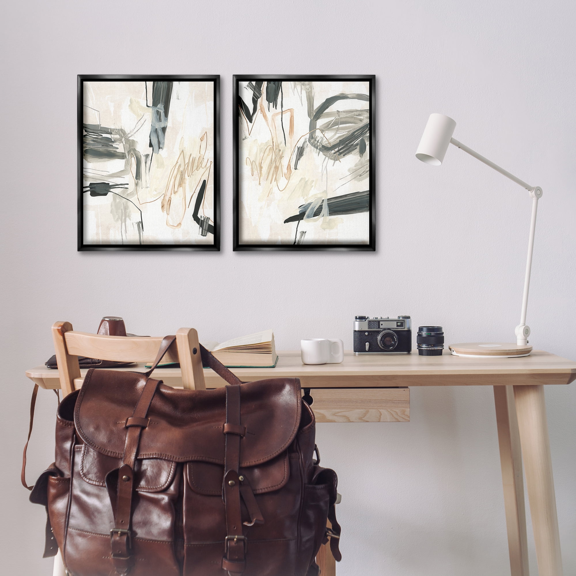 Stupell Industries Abstract Squiggly Beige Lines Abstract Painting Black Floater Framed Canvas Art Print Wall Art, 17 x 21, Set of 2