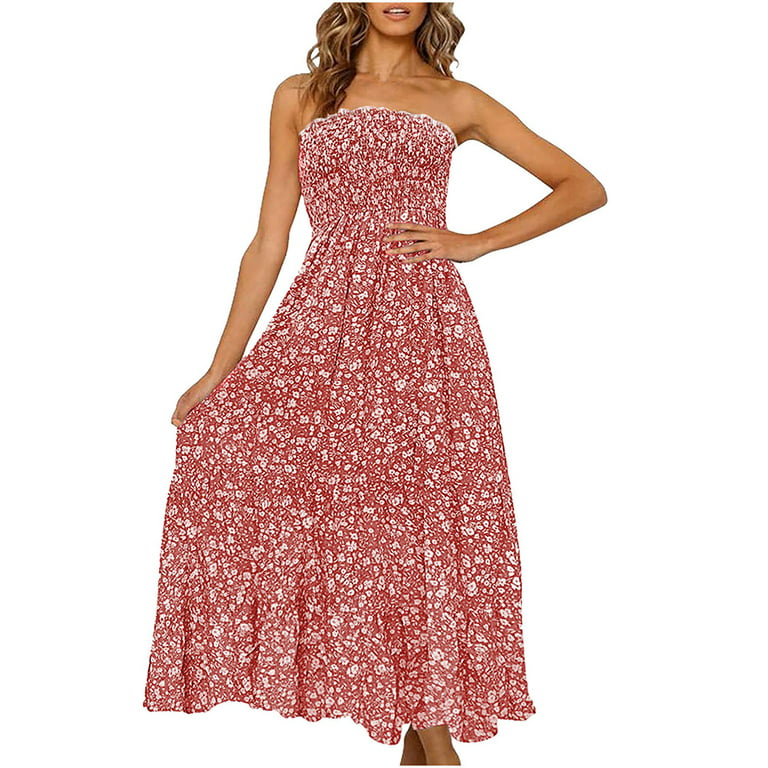 MELDVDIB Women Summer Dress Off-the-shoulder Bohemian Floral Print Casual  Strapless Party Long Maxi Dress