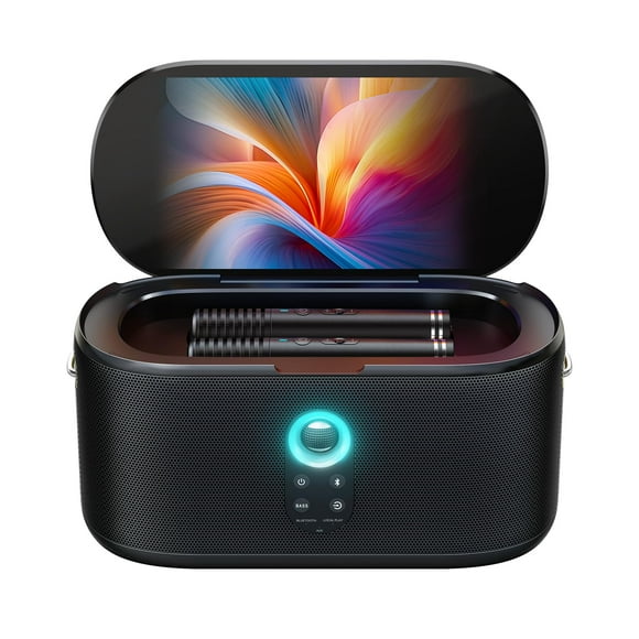 Ikarao Máquina de karaoke inteligente, pantalla integrada de 10,1 pulgadas con letras para adultos y niños, 2 micrófonos inalámbricos de carga automática, sistema PA de altavoz Bluetooth portátil con