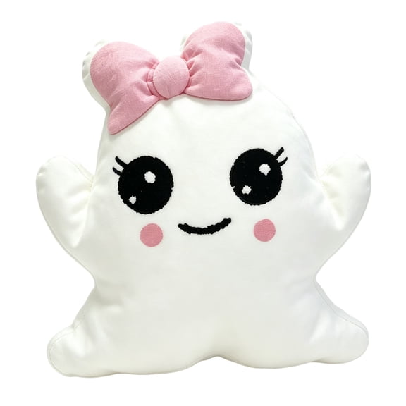 Halloween Ghost‑Shaped Throw Pillow, Soft Cotton Lumbar Cushion with Pink Bow Tie for Couch Bed Living‑Room Halloween Home Decor,14In