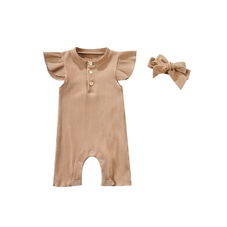 

Newborn Baby Girl Flying Sleeve Romper + Hairband Button Decoration Summer Clothes