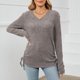 thumbnail image 4 of Gibobby Playera De Algodón 2023 Blusa plisada de Color sólido esmerilado con tiras y cuello en V para mujer, camiseta plisada de manga larga（Gris， XL), 4 of 5