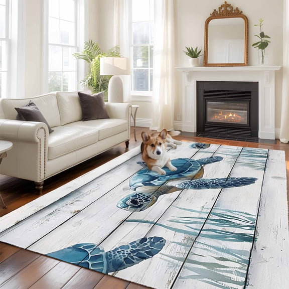 6'x9' Area Rugs, Sea Turtle Blue Indoor Outdoor Area Rug for Living Room Bedroom, Coastal Ocean Seaweed Wood Grain Washable Bathroom Rugs Kitchen Floor Carpet Mats Home Decor Aesthetic