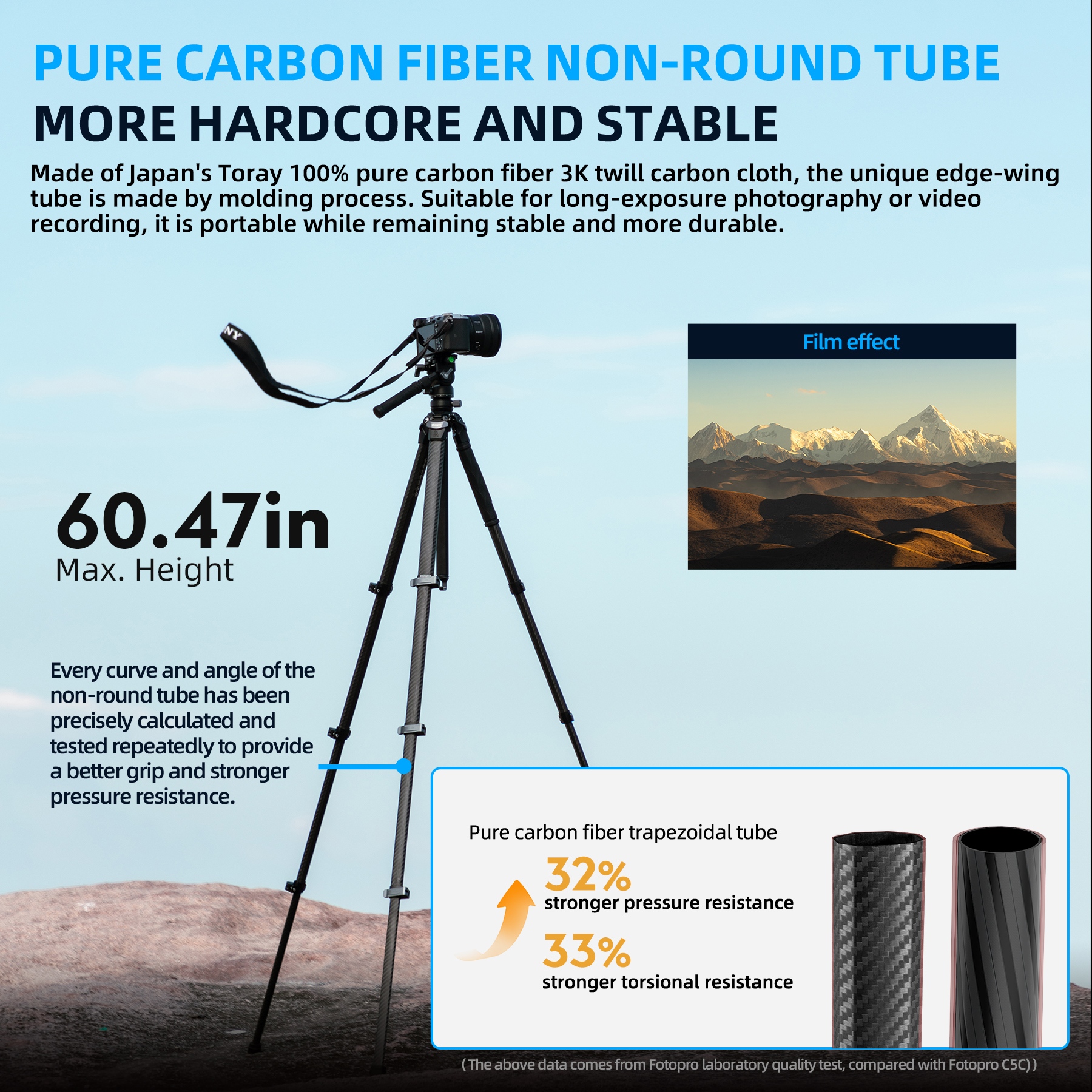 Fotopro Origin Video Tripod, Compact 60" Carbon Fiber Camera Tripod for Travel, Fluid Video Head with Quick Release Plate for SLR, Black