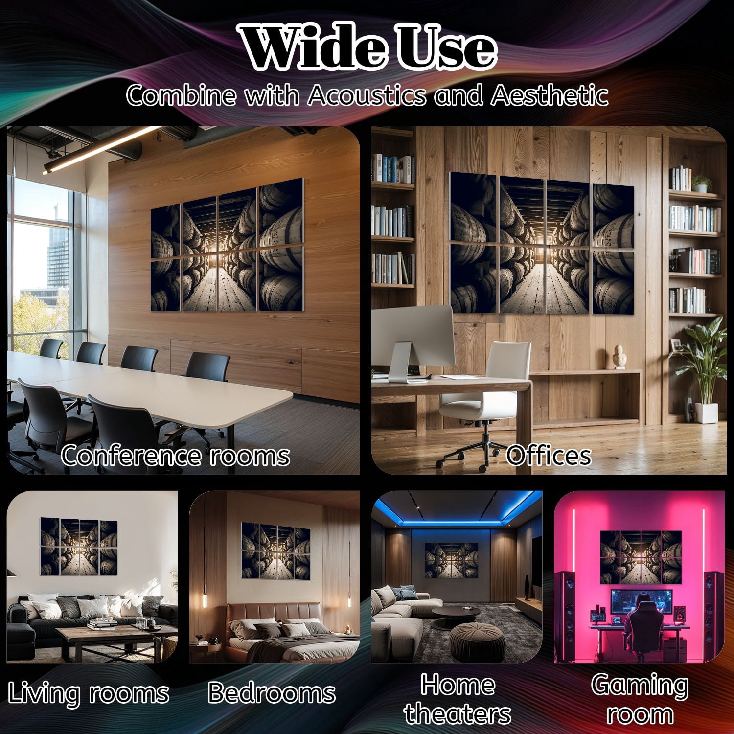 8 Pack Art Acoustic Panels Sound Absorbing Bourbon barrels aging Whiskey Decorative Soundproof Wall Panels Self Adhesive for Nursery Game Room Bedroom 48"x32"