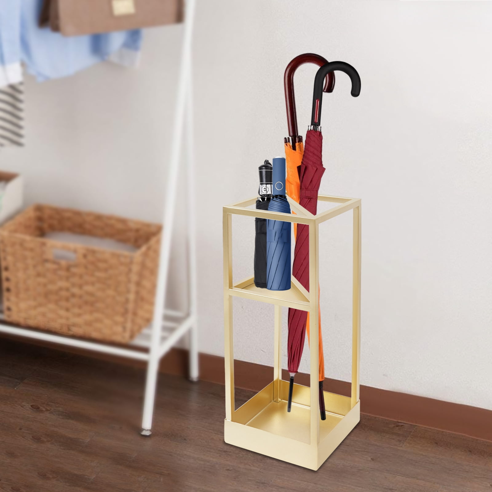 Gold Umbrella Rack 20.9in Tall Square Iron Stand with Drip Tray Freestanding Umbrella Holder
