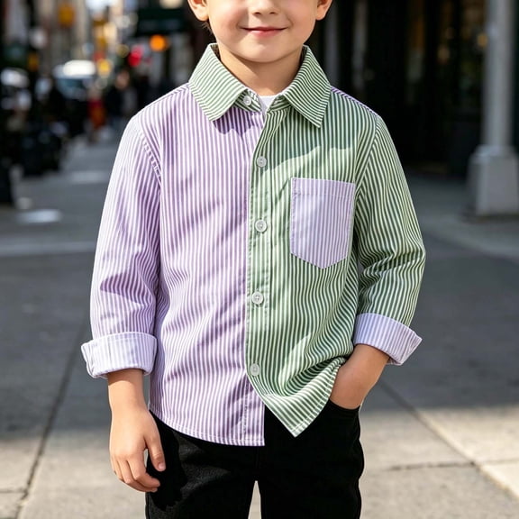 Falkdiz Boys Long Sleeve Shirts with Pocket Back to School Button Up Striped Casual C Collar Travel Tops for Boys Graphic,Multicolor,Size: 18-24 Months