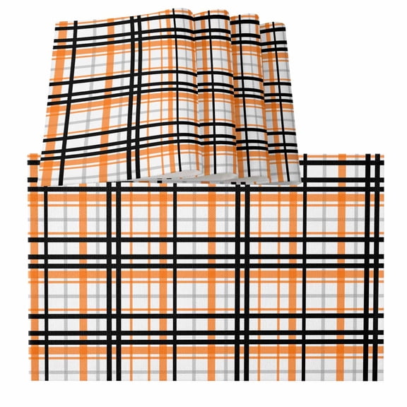 Orange Black Plaid Placemats for Dinning Table Set of 6, Farmhouse Orange Black Checkered Burlap Kitchen Place Mats Waterproof Cloth Table Mats, Indoor Outdoor Placemats Easy Clean Dinner Decor