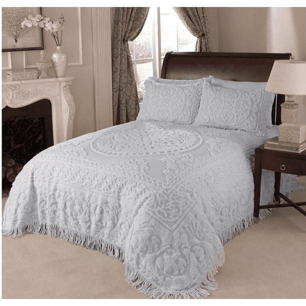 Kingston tufted chenille bedspread and pillow sham set all cotton queen size beige walmart. beatrice home fashions medallion chenille bedspread queen gray