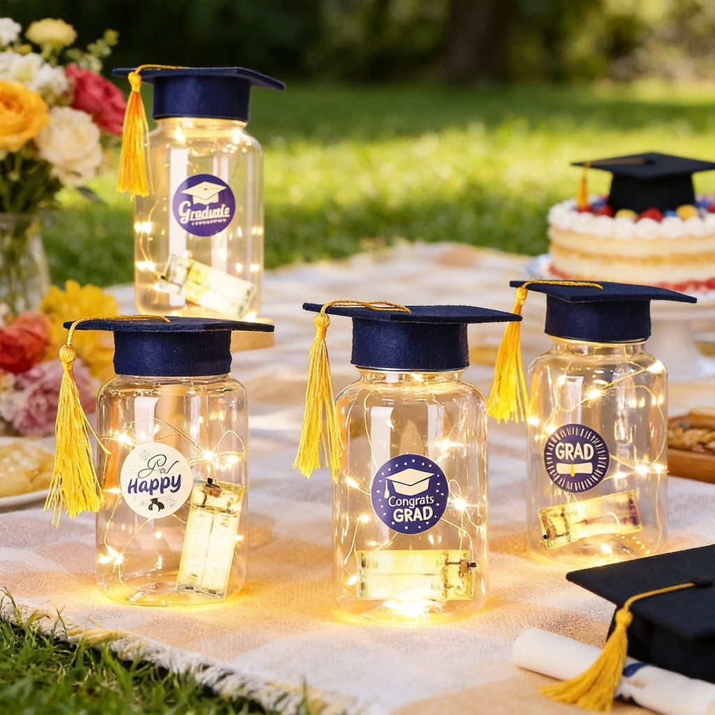 QueMer 2026 Graduation Centerpieces for Tables Light Up Masons Jar with Graduation Cap for College Congrats Grad Party Decors