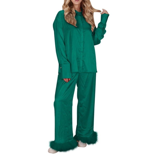 Puntoco Conjuntos de pijamas cómodos para mujer, pantalones largos de manga larga para mujer, ropa para el hogar, pijamas de plumas, conjunto de dos piezas, ropa para el hogar, conjunto de pijamas
