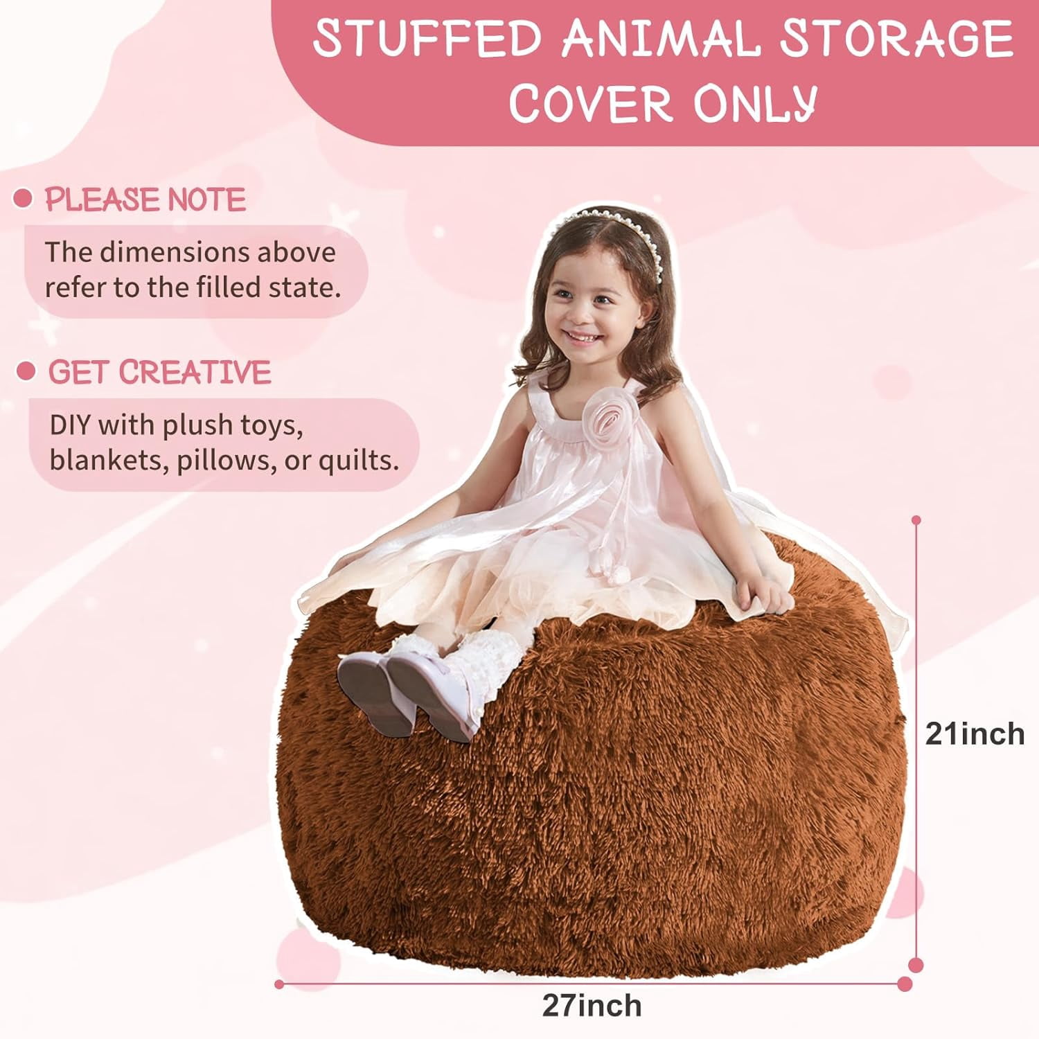 General Bean Bag Cover (No Filler), Stuffed Animal Storage Bean Bag Covers for Kids, Soft Faux Fur Washable Cover with Pocket Handle, Comfy Fluffy Beanbag for Organizing Plush Toys, 27"x21" Brown