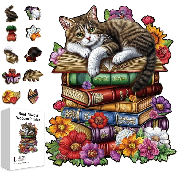 200Pcs Book Pile Cat Wooden Jigsaw Puzzles for Adults 13.8x11.2inch Colorful Cute Animals Flowers Wood Puzzles Holiday Birthday Gifts diy Cat Shape