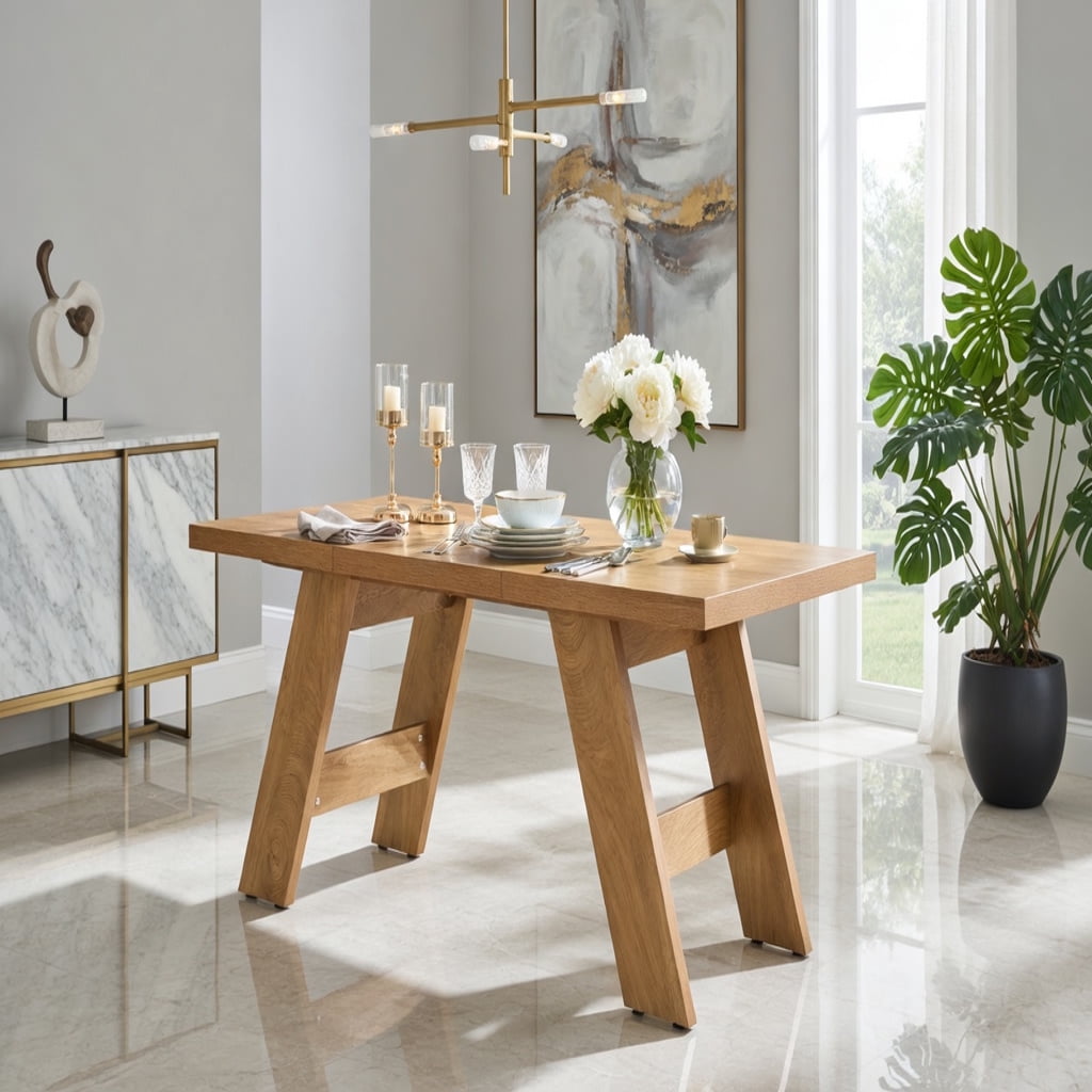 Hommoo Modern Grain MDF Dining Table, 71" x 31.5" Rectangular Extendable-Style Table with V-Shaped Outward-Sloping Legs, Seats 6–8, for Dining Room, Home Office & Multi-Use Spaces, Natural