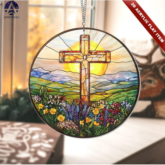 Cross And Wildflowers ACRYLIC Suncatcher, Christian Acrylic Windows Hanging, Flower Cross Gift For Religious, Easter Faith Home Decor