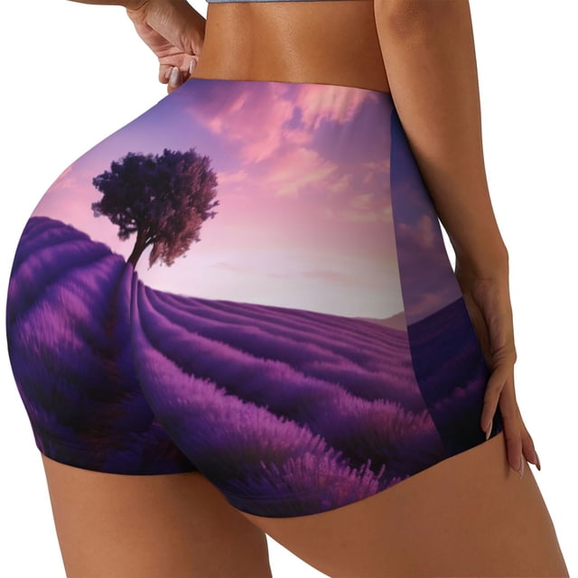 Fotbe Lavender Field Sunset Shorts Sin Costuras – Shorts Deportivos de Cintura Alta para Mujer, Elásticos para Gimnasio, Yoga, Running o Ciclismo-Large