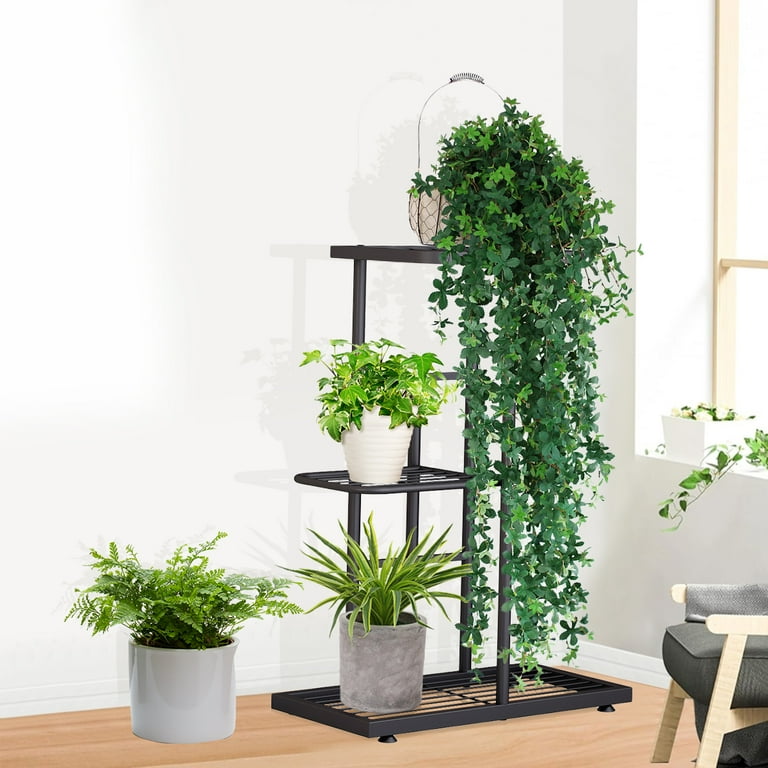 Uptyia Metal Flower Plant Stand Black Plant Stands for Indoors Plant Shelf with 3 Tier 4 Potted Dark Grey Multi-Layer Plant Shelf