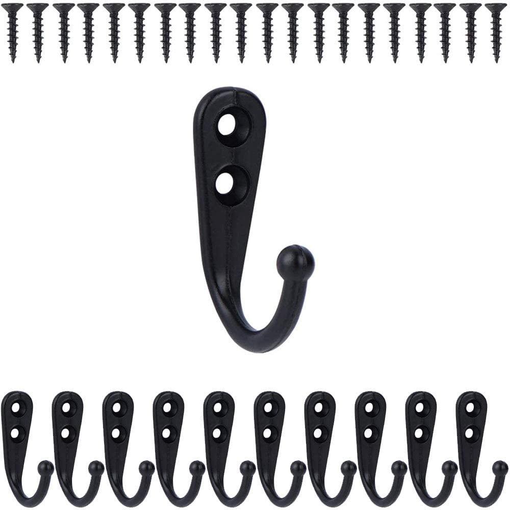 10 Pieces Coat Hooks Wall Mounted Robe Hook Single Coat Hanger No Scratch and 20 Pieces Screws （Black）