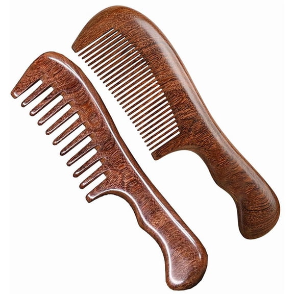 OPALESQUE 2 Pcs Wooden Hair Comb Set Wide Tooth and Fine Tooth Sandalwood Comb for Women Men, Anti-static Detangling Comb with Curved Handle for Curly Straight Fine Hair, Wet or Dry Use