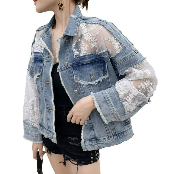 YM YOUMU Women's See Through Floral Embroidery Lace Crop Denim Jacket Ripped Distressed Jean Coat