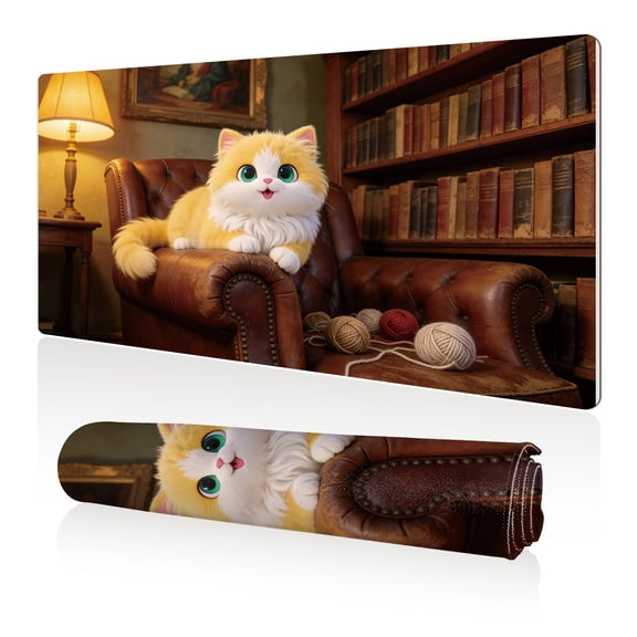 LIVEKEY Mouse Pad 80x40x0.3cm Cozy Cat on Leather Armchair with Yarn Balls Extra Large Full Desk Coverage Non Slip Durable Easy Clean Stitched Edges for Gaming and Office