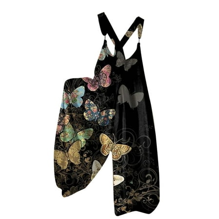 

Womens Jumpsuits Casual Print Loose Suspender Overalls Black L