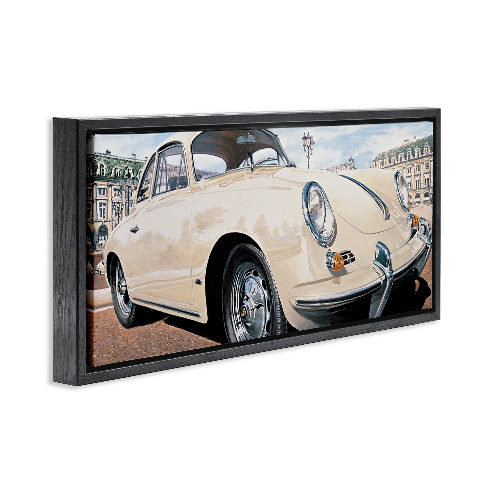 Stupell Industries Vintage Ivory Car Transportation Painting Black Floater Framed Canvas Art Print Wall Art, 25 x 11