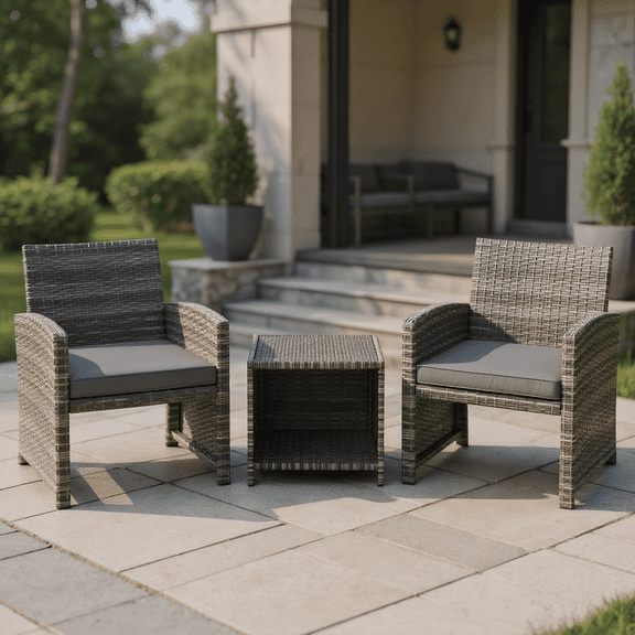 YYAo Patio Seating Sets,Outdoor Conversation Sets,3 Pieces Patio Furniture Set with Tempered Glass Coffee Table and Soft Seat Cushions-Gray