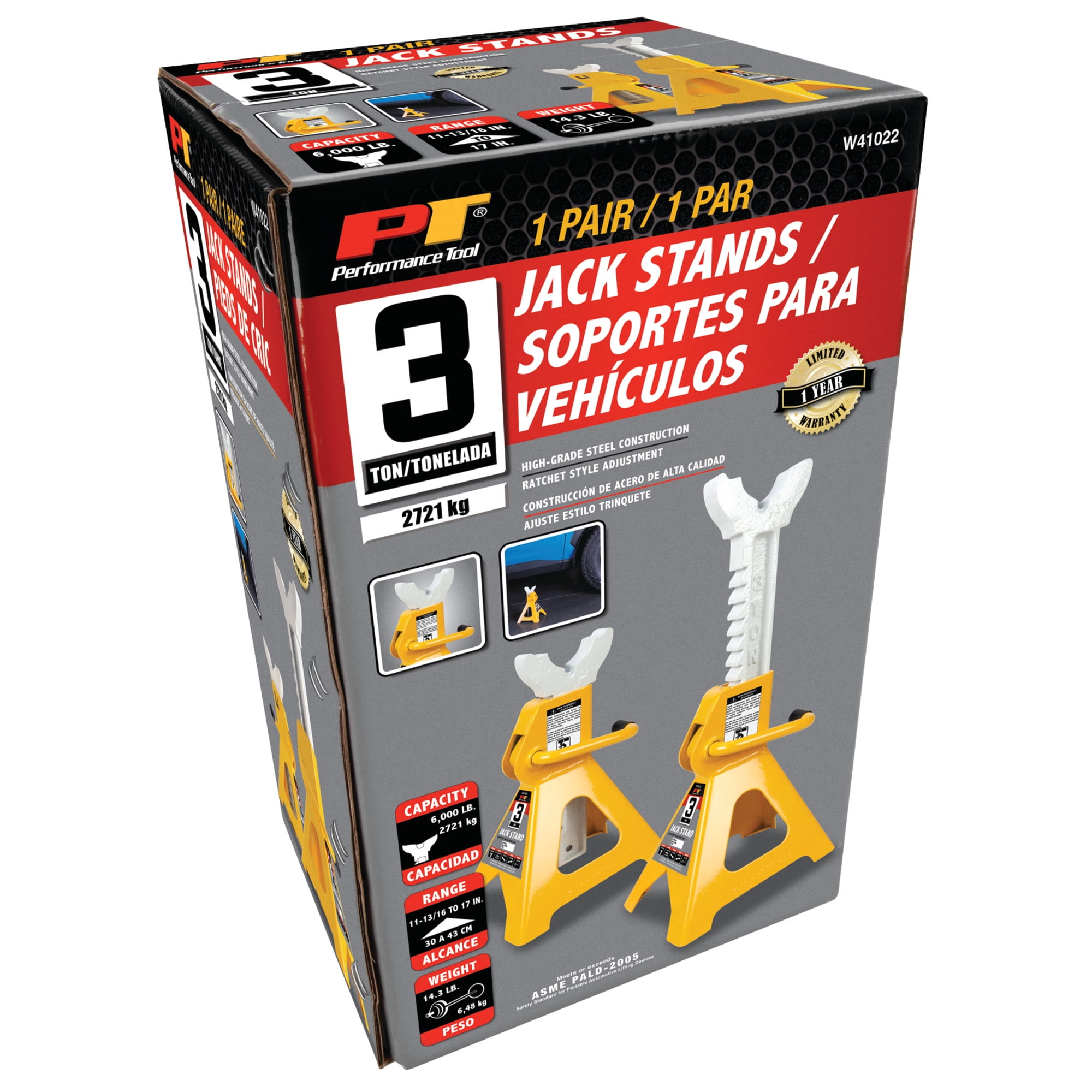 Performance Tool W41022 Ratchet Style Jack Stand Set for Lifting Vehicles During Maintenance, Yellow, 3-Ton