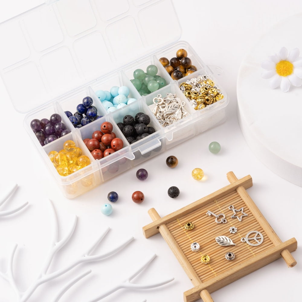 280Pcs 8 Styles 8mm Gemstone Beads Healing Stone Kits with Alloy Star Peace Sign Key Charms Spacer Beads for DIY Gemstone Bracelets Making diy