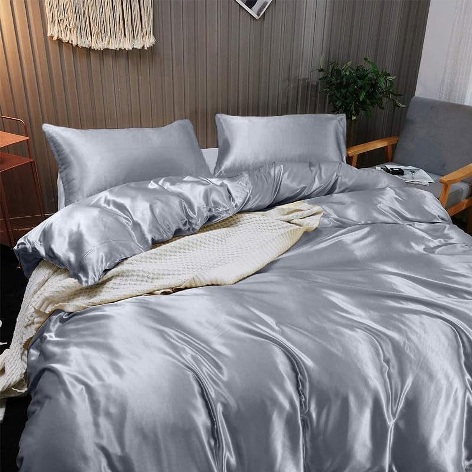Vogue Linen Pure Mulberry Silk Duvet Cover - 30 Momme 6A Graded Silk - 1 Piece Duvet Cover Oversized Queen 92" x 98", Silver