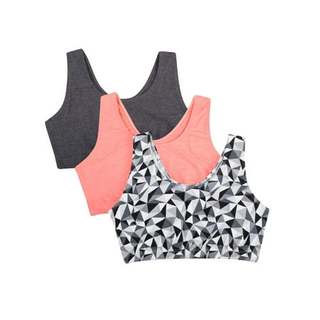 Fruit of the Loom Womens Tank Style Cotton Sports Bra 3-Pack Kaleidescope/Charcoal/Punchy Peach 38