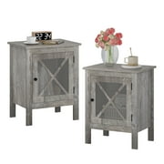 Jaxsunny Set of 2 Mid Century Nightstand with Large Storage Cabinet, Modern Wood End Table with X-shaped Glass Door, Light Gray
