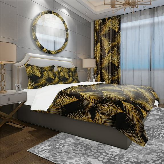 Designart 'Golden Tropical Leaves Pattern' Modern & Contemporary Duvet Cover Set