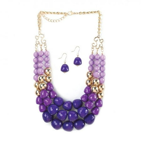Breezy Couture Radiant Orchid 3 Layer Beads Necklace And Earrings Jewelry Set