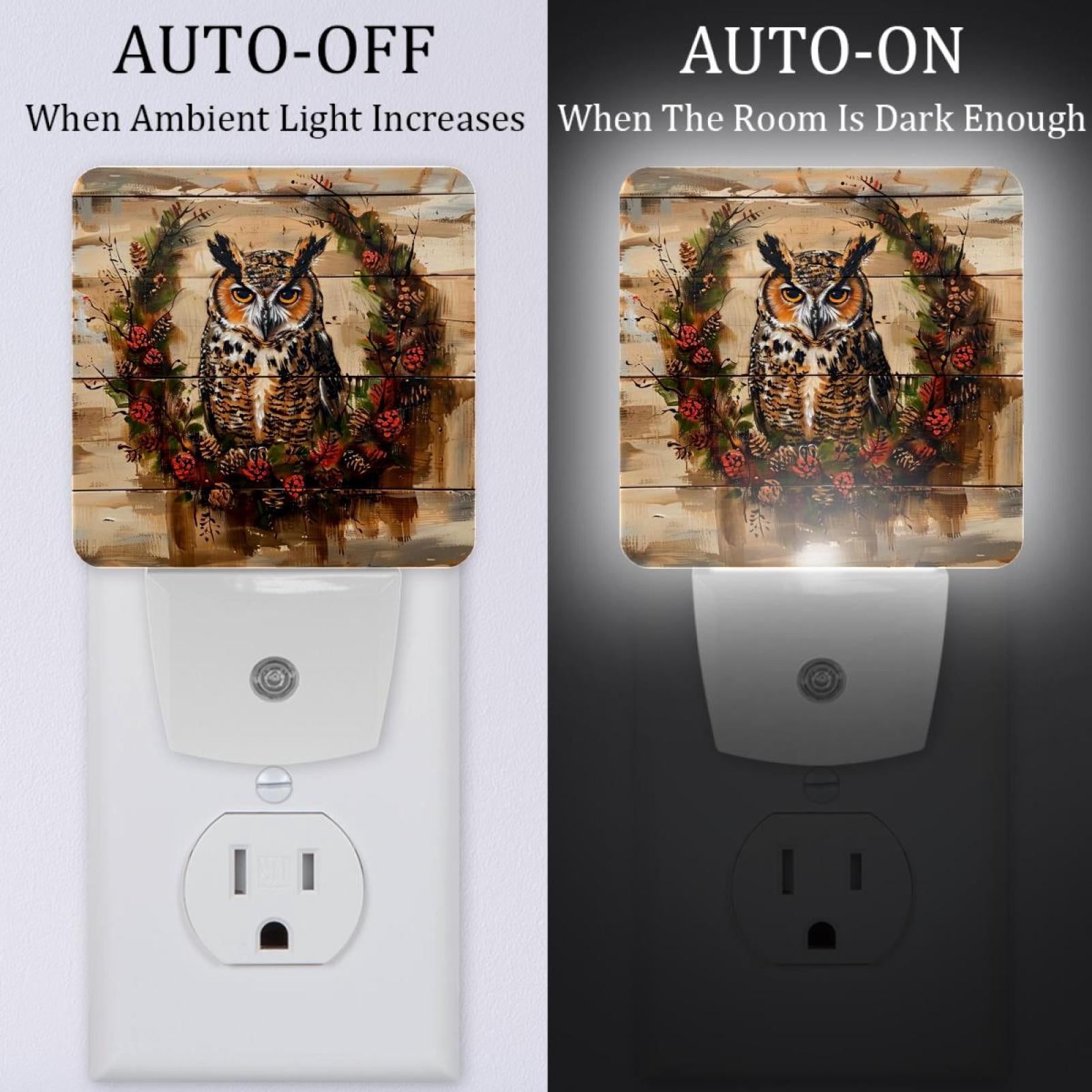 PhooArto Vintage Owl on Wood Plug in LED Night Light Auto Sensor Dusk to Dawn Decorative Night for Bedroom, Bathroom, Kitchen, Hallway, Stairs, Baby's Room, Energy Saving