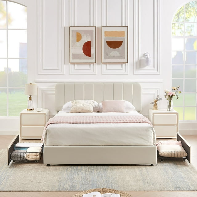 VECELO Queen Upholstered Platform Bed Frame with 4 Storage Drawers and Adjustable Headboard, Wooden Slats Support, No Box Spring Needed, Beige