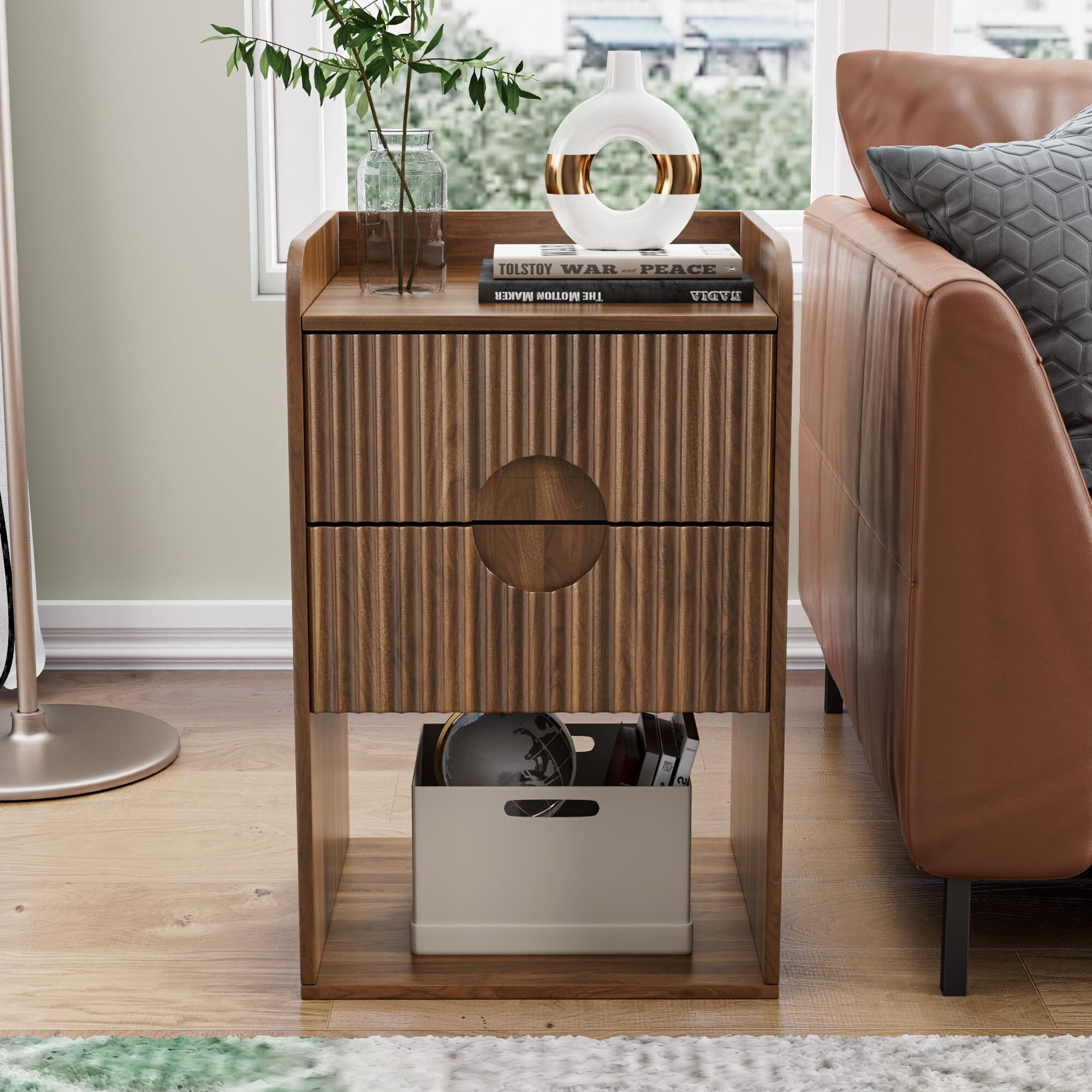Fluted Nightstand Set of 2, Boho Wooden Bedside Tables with Storage, Mid Century Modern 2 Drawer End Tables, Walnut