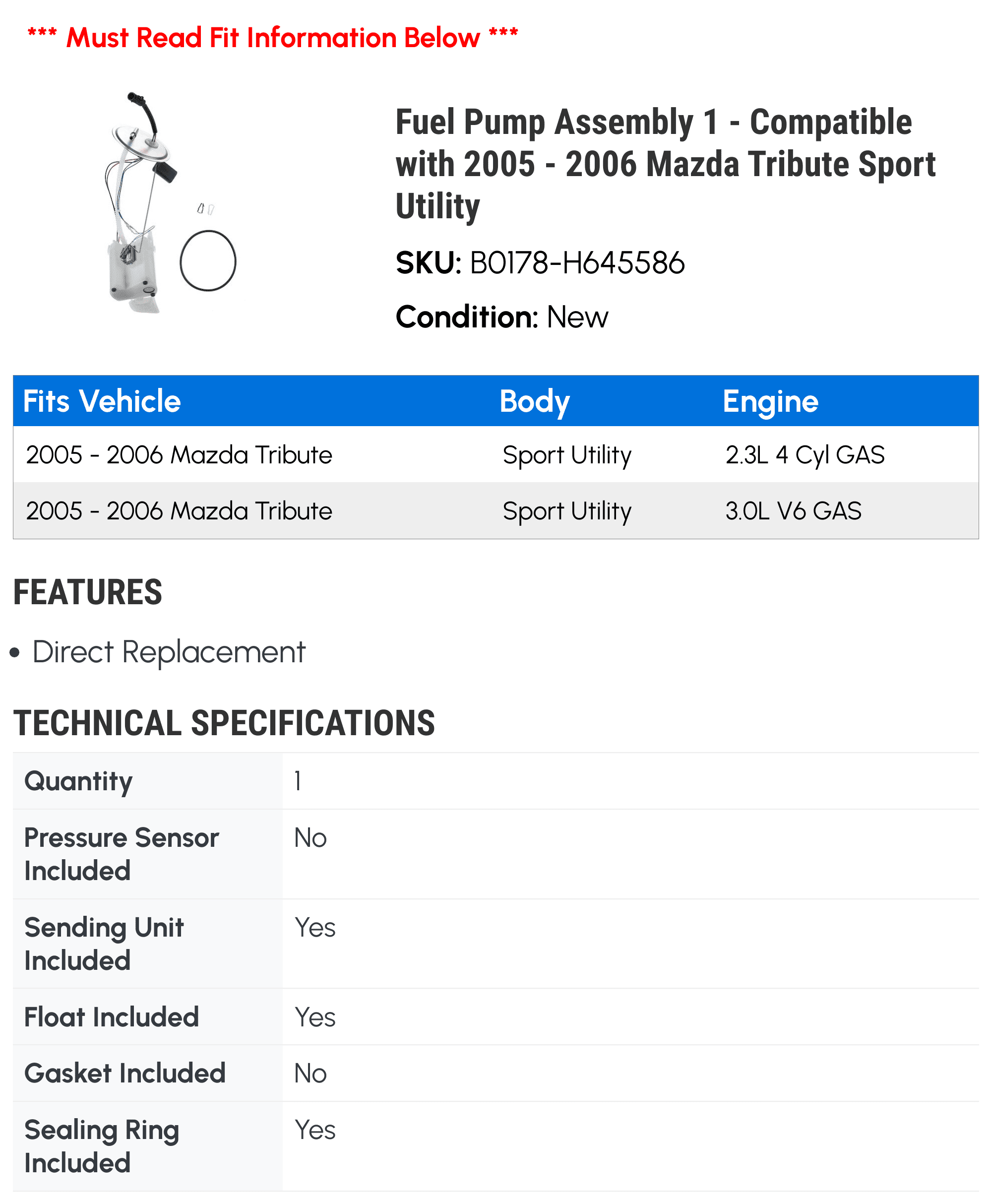 Fuel Pump Assembly 1 - Compatible with 2005 - 2006 Mazda Tribute Sport Utility - Autopart Premium