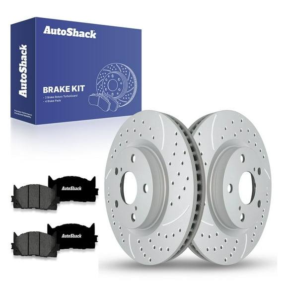 AutoShack 11.66" (296 mm) Front Vented Drilled & Slotted Brake Rotors Coated   Premium Ceramic Brake Pads | Replacement for 2007-2011 Toyota Camry | Silver Matte Finish | 6-PC Brake Kit | TurboGuard