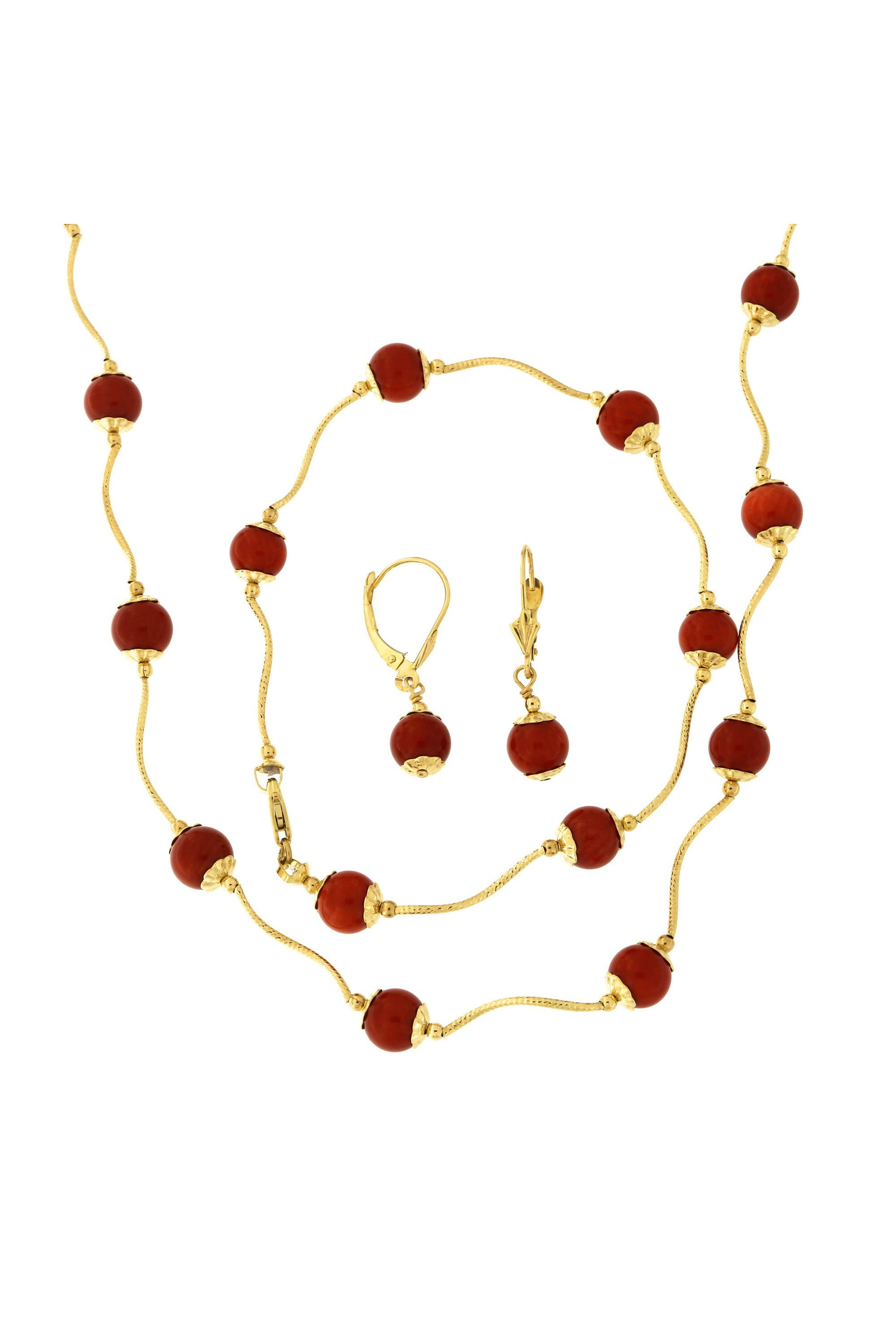 14k Yellow Gold Diamond Cut Capped Simulated Dark Coral Station Necklace, Earrings and Bracelet Set by