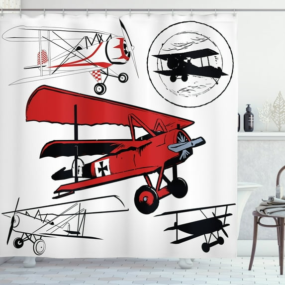 Ambesonne Vintage Airplane Shower Curtain, Biplanes Set, 69"Wx70"L, Red White Black